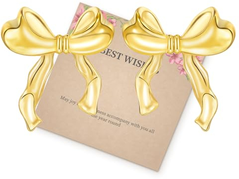 Schleifen Ohrringe Gold Damen, Bow Earrings Chunky, Hypoallergene Ribbon Earrings 18K Gold, Muttertag Geburtstags Schmuck Dupes Geschenke für Frauen