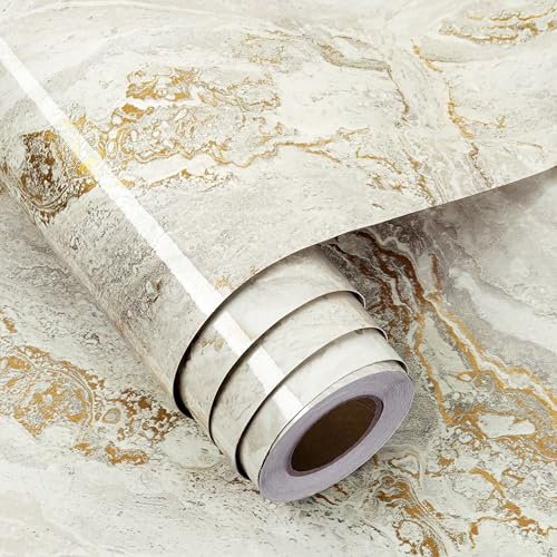 FunStick Carta Adesiva Marmo Beige Crema e Oro Pellicola Adesiva per Tavolo Grigio Effetto Marmo Carta Adesiva per Mobili Cucina Beige Carta da Parati Bagno Marmo Carta Adesiva Piano Cucina 30CM×5M