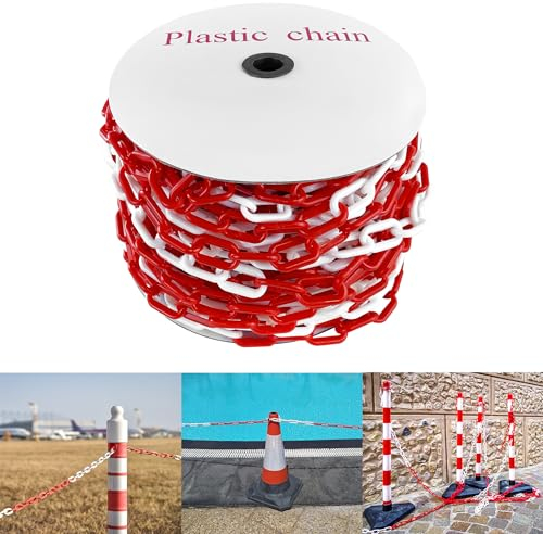 YRHome Rot Weiß 25m Kunststoffkette Absperrung Absperrkette Warnkette 6mm Stärke Rundstahlkette Baustellensicherungskette Plastikkette