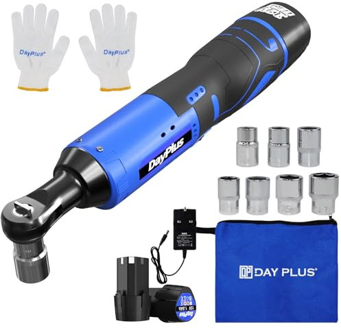 3/8 Cordless Ratchet Wrench Set, 40N.m Max Torque 230 RPM Small Compact Right Angle Impact Wrench with 7pcs Ratchet Sockets Set, 12V Electric Power Ratchet Wrench with 2pcs 1500mAh Li-ion Batteries