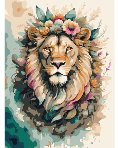 Giahism Löwe Malen Nach Zahlen Erwachsene-Löwe Malen Nach Zahlen Mit Pinseln und Acrylfarbe,DIY Set Basteln Erwachsene mit Pinseln und Acrylfarben für Home Decor(Rahmenlos,30x40cm)