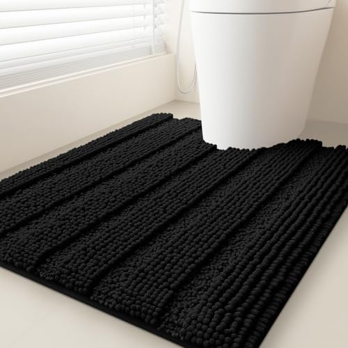 ACCUMTEK Striped Black Toilet Bathroom Rug Mat 24 x 20 Contour Rug Ultra Soft, Non Slip Chenille Bath Rugs, Absorbent Plush Shaggy Bath Mats for Bathroom, Bedroom, Kitchen, Shower, Tub