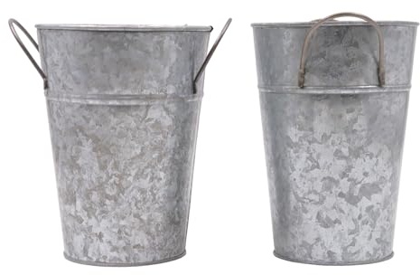 Hosley Set of 2 Galvanized Finish Bucket Vase with PVC Liner 5 Dia x 7 H, Ideal Gift for Floral Arrangements Wedding Home Office Party DIY Indoor Outdoor Garden Patio