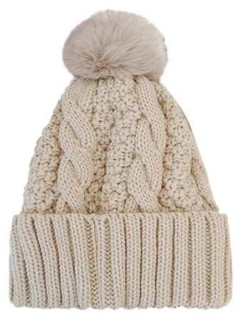 Frauen Winter Einfarbig Verdickte Warme Teig Dicken Stricken Hut Mit Wolle Lammfell Mütze Damen (Beige, One Size)