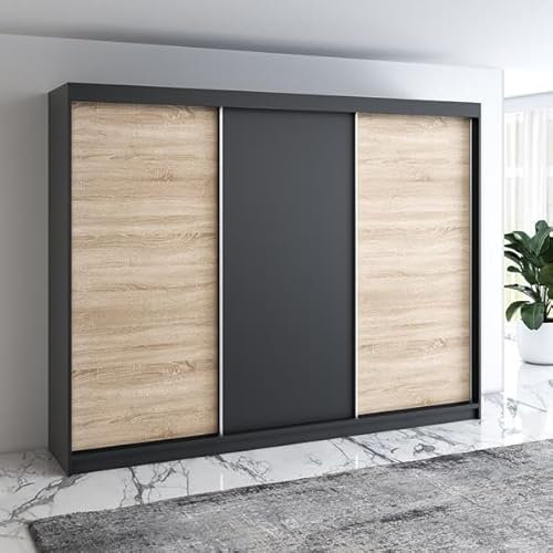 A&J MöbelLand Moderne 3-türiger Kleiderschrank mit Schwebetüren und 4 Schubladen, 200 cm, Weiß (Schwarz/Sonoma/schwarz/Sonoma)