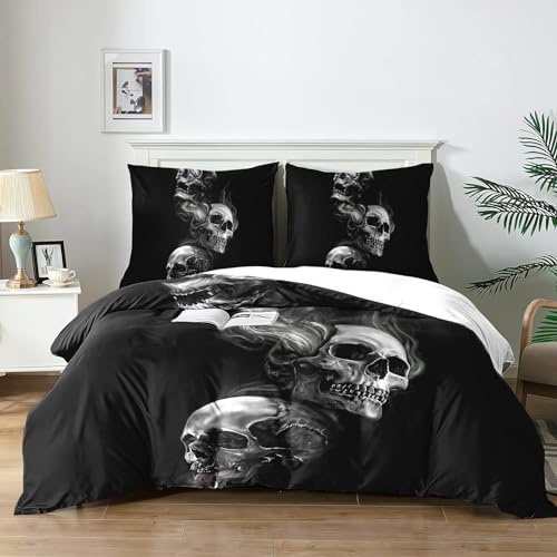 Yzehomijia Totenkopf Bettwässe Set 3 TLG mit Schädel Muster, Gothic Bettbezug 140x200 cm + 2 Kissenbezug 65x65 cm 3D-Druck Bettwässe Weiche Microfaser(K1×140
