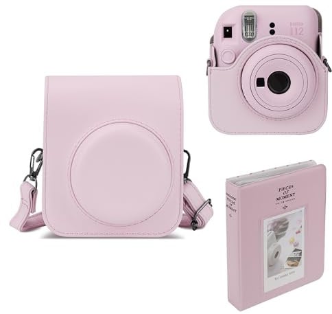 Mumlicha PU Leather Camera Case and 64 Pockets Photo Album Compatible with Fujifilm Instax Mini 12 Instant Camera, Mini 12 Protective Case with Adjustable Shoulder Strap (Pink)