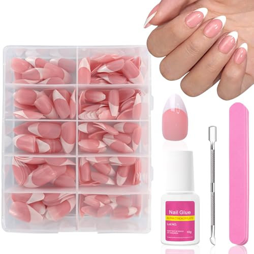 Ceboic French Press on Nails, 240Pcs Short Almond French White Tip False Nail Kit, Nude Pink Full Cover Stick on Nails with Glue, Acrylic Fake Nails Extensions for Women Girls Nail Art DIY 10 Sizes