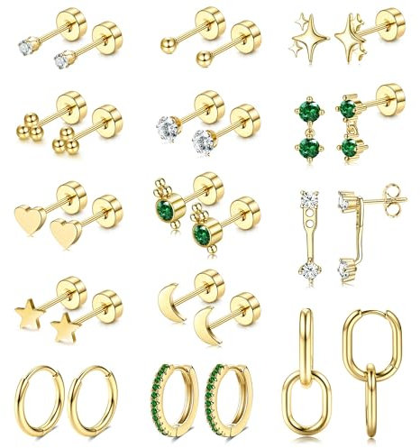Chriscoco 14 Paar Goldene Ohrringe Set - Chirurgenstahl Ohrstecker, Creolen, Hängend - Hypoallergene Helix Piercing, Tragus - Medizinische Ohrringe für Damen