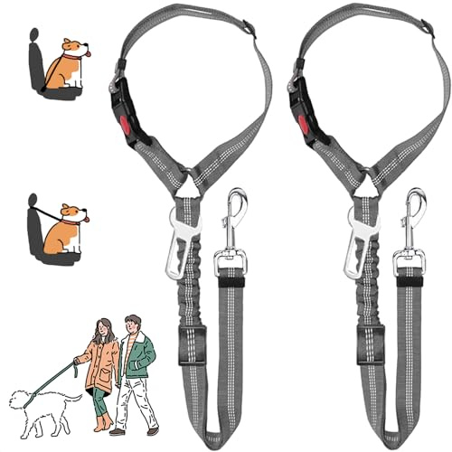 MOLHEM Sicherheitsgurt für Haustiere, Hunde, verstellbar, elastisch, für Autos, stoßfest, elastisch, gepolstert, Grau, 2 Stück