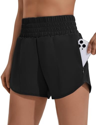 PINSPARK Damen Sport Shorts High Waist Laufshorts 2 in 1 Kurze Sporthose Laufen Yoga Fitness Jogging Trainingshose mit Reißverschlusstasche Schwarz M