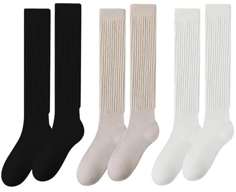 SEFIRST 3 Paia Calzini Donna, Calzini Termiche Di Invernali Tinta Unita Alta Caviglia Calze di Cotone, Calzini Termici Lunghe Calze al Polpaccio Morbido Invernali per Le Signore, Nero Bianco Kaki