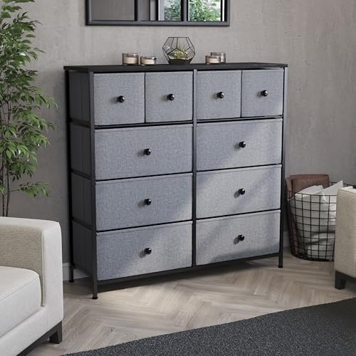 Vida Designs Chorley Kommode mit 10 Schubladen, Stoff-Aufbewahrungseinheit mit Holzplatte, Metallrahmen und Griffen, ideal für Schlafzimmer, Wohnzimmer, Kinderzimmer, Grau und Schwarz