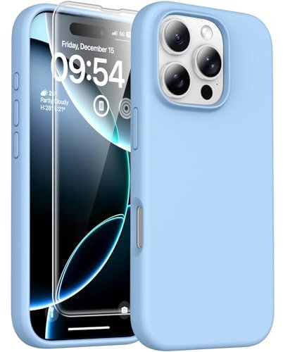 TOCOL 3 in 1 Silicone for iPhone 16 Pro Case 6.3-Inch, with 2 Pack HD Tempered Glass Screen Protector, Liquid Silicone Slim Silky-Soft Touch Multi-Color Anti-Scratch Shockproof Cover, Light Blue