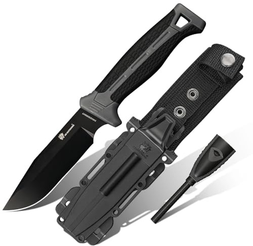 HX OUTDOORS Couteau de bushcraft extra tranchant avec allume-feu, couteau de survie de camping à lame fixe en acier D2 avec fourreau pour l'extérieur et le trekking (Noir)