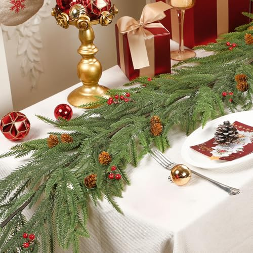 SHareconn 180cm Realistische Weihnachts-Nixon-Girlande mit Tannenzapfen und Roten Beeren, Künstliches PE-Gründekor für Kaminsims, Treppe, Tisch, Wand, Innen- und Außen-Weihnachtsdekorationen