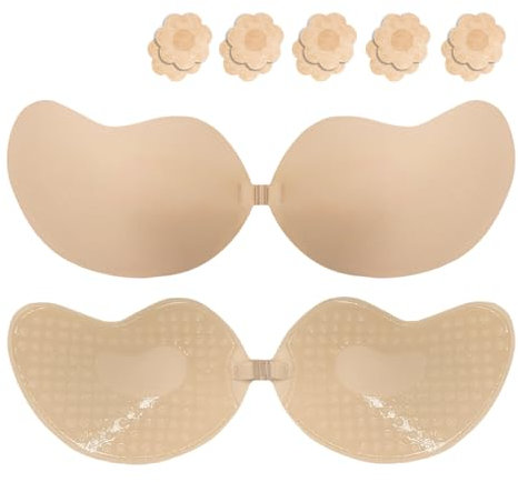 HonexCesng Reggiseno Adesivo, Reggiseni Schiena Scoperta Push Up, Reggiseno Invisibile Riutilizzabile, Confortevole e Traspirante, per Abiti da Sposa, Sera, Senza Spalline (A, Beige)