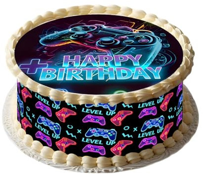 Tortendeko Essbar Gamer Neon mit Tortenaufleger Gaming Ø 20cm und Tortenband Game 4 Stück á 24cm x 5cm Passend für Torten, Kreative Dekoration für Torten, Kuchen Deko Tortendeko für Geburtstag Junge
