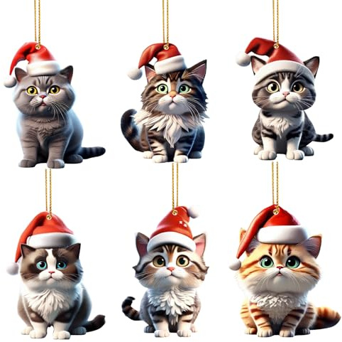 MFUOE 6Pieces Cute Cat Xmas Ornaments Novelty Acrylic Funny Cat Christmas Tree Hanging Pendants Gifts for Outdoor Decor Girl Small Ideas Bauble DIY Accessory