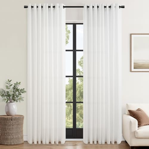 Topfinel Leinen Weiß Halbtransparent Gardinen, Leinenoptik Vorhänge mit Ösen H 245 x B 140 cm, Natural Leinen Baumwolle Voile Vorhang für Wohnzimmer Schlafzimmer Kinderzimmer Mädchen Junge 2er Set