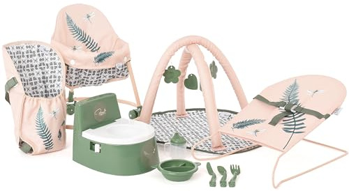Roma 10 Piece Dolls Accessory Set - 10 Pieces: Baby Walker, Bouncer, Front Carrier, Potty, Feeding Bowl, Cutlery set, Drinking Beaker, Playgym for Dolls 26-45 cm (Fern)