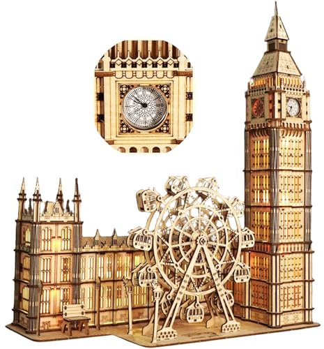 3D Puzzles Big Ben Wood Model Kit Building Craft Kits for Adults DIY Jigsaw Puzzle Real Clock With Night Ligh Ferris Wheel Wooden Puzzle London Souvenirs Sets Christmas Birthday Gifts Decoration
