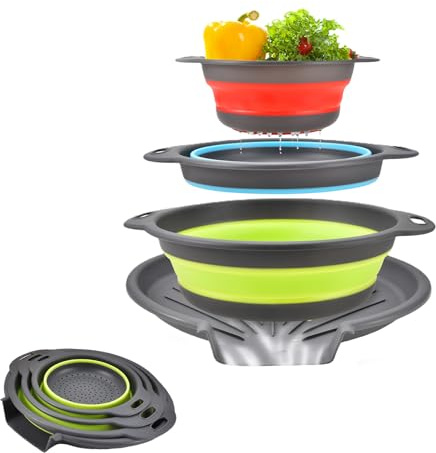 Set 3 Colini Pieghevoli Con Vaschetta Drenaggio Auto-Drenante Per Bordo Lavello,Base Antiscivolo,Design Nesting Per Stoccaggio Compatto,Lavabile In Lavastoviglie,Uso Quotidiano Cucina: (Multi)