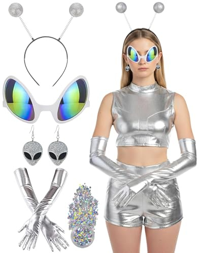 ETOFETE 5 Pcs Alien Kostüm Damen, mit Silber Alien Glitzerkugeln Haarreif, Brille, Ohrringe, Handschuhe und Glitter,Space Kostüm Accessoires für Fasching Karneval Halloween