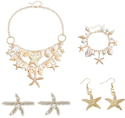 Rainway Meerjungfrau Kostüm Schmuck Set, Seestern Muschel Perlen Halskette Armband Perlen Seestern Haarspange Ohrringe, Meerjungfrau Accessoires Damen für Karneval Strandparty Mottoparty