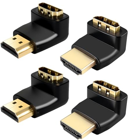 4 Pack Right Angle HDMI Adapter 90 Degree and 270 Degree, Male to Female HDMI Connector, L Shaped Angled Adaptor for Wall Mounted TV, Monitor, PS5, Xbox, Roku Stick, Supports 4K 3D 1080p UHD, Black