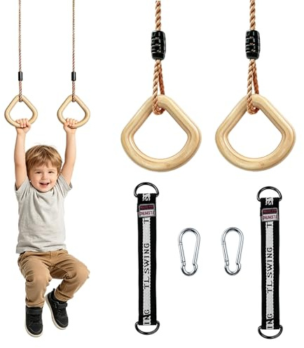 Turnringe aus Holz, Premium Holz Turnringe für Kinder Bis 100kg | Kinder Klettern Ringe,Schaukelringe mit Verstellbarem Hanfseil Trapeze Schaukel Turngeräte für Kinder Indoor Outdoor