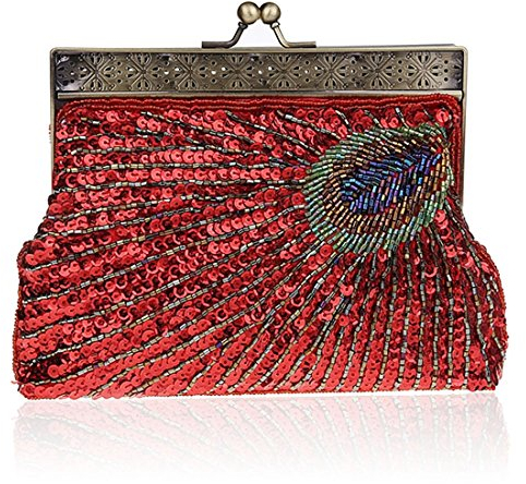 YYW Vintage Clutch Pailletten Blaugrün Pfau Ausgefallene Antik Perlen Pailletten Abend Handtasche Damen Mode Designer Elegante Geldbörse, rot, Einheitsgröße