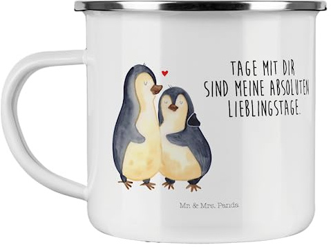 Mr. & Mrs. Panda Camping Emaille Tasse Pinguin umarmen - Geschenk, Jahrestag, Liebe, Verlobung, Camping Tasse Metall, Seevogel, Emaille Trinkbecher,