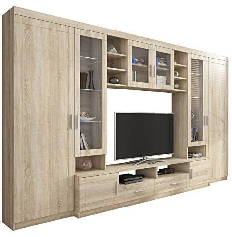 Große Wohnwand Vita, TV-Lowboard, 2 Vitrine, Wandregal, Anbauwand Schrankwand Wohnzimmerschrank (Sonoma Eiche, ohne LED Beleuchtung)