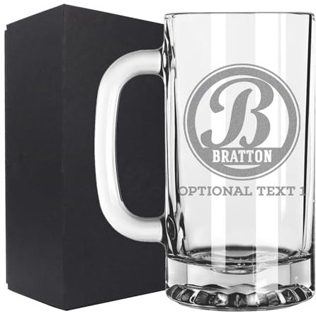 Personalised Etched 473ml Glass Beer Mug Stein Tankard, Custom Grandad Gifts, Customized Birthday Present for Men Him Dad Father, Engraved Birthday Decorations Decor - Bratton Monogram