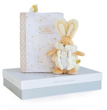 DOUDOU ET COMPAGNIE - Protège Carnet De Santé Bébé Blanc + Doudou Peluche Lapin Beige - 32,5 x 23,5cm - Collection Lapin De Sucre - Coffret Cadeau De Naissance - Garantie Doudou Perdu - DC3497