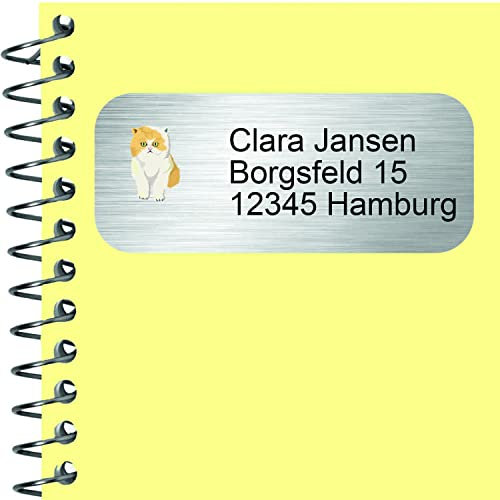 INDIGOS UG® Namensaufkleber Adressaufkleber - 42x22 mm - personalisiert - Edelstahllook - 042 - Katze - 99 Stück für Kinder, Schule und Kindergarten - Stifte, Federmappe, Lineale