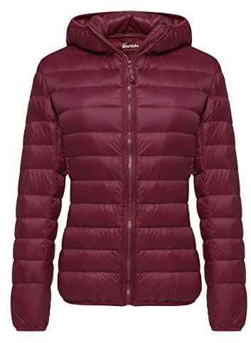 Wantdo Piumino Leggero Ripiegabile Giacca con Cappuccio Antivento Giubbotto Corto Slim Fit Capispalla da Montagna Caldo Invernale Donna Rosso Vino L