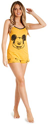 Disney Schlafanzug Damen Kurz, Pyjama Damen Teenager, Pyjama Set Cami Top und Schlafshorts Loungewear Baumwolle Geschenke Stitch Mickey Minnie S-XL (Senffarbe Mickey, M)