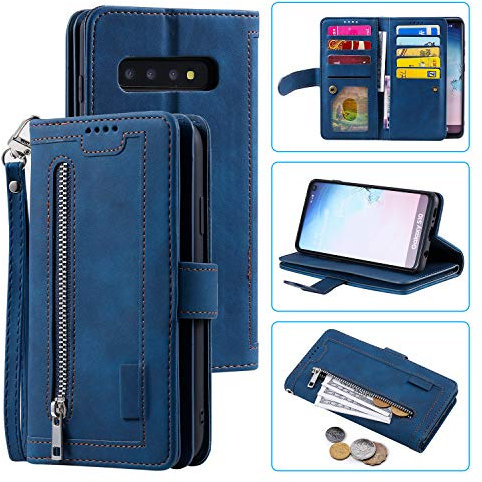 UEEBAI Wallet Case for Samsung Galaxy S10, Retro 9 Card Holder Slots Zipper Pocket Handbag Case PU Leather Magnetic Closure Kickstand with Wrist Strap TPU Shockproof folio Case - Blue