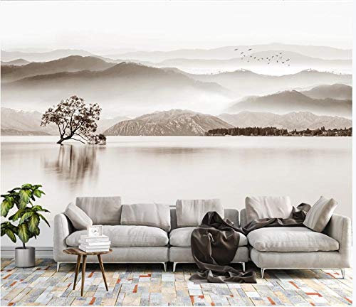 Papier Peint Panoramique 3D Intissé Peinture Poster 250X175Cm Grand Arbre Paysage Zen Gris Tableau Decoration Murale