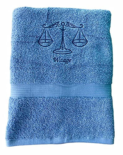 Krings Fashion Duschtuch mit Sternzeichen hochwertig Bestickt, 70 x 140cm 100% Baumwolle, Farbe Fjord, Stickfarbe dunkelblau, Motivauswahl - jetzt anpassen