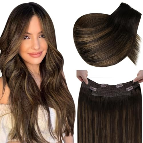 LaaVoo Remy Extensions Echthaar mit Draht Braun Balayage Invisible Secret Wire Extensions Remy Human Hair Dunkelbraun Ombre Hellbraun Fish Line Haarverlängerungen Echthaar #2/8/2 30cm 80g