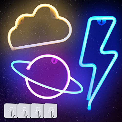Neonlicht Schild, 3 Stück Blitz Wolke Planet Platz Neonschild Batterie USB Leuchtreklame Neon Schild Licht Neonschilder Light für Schlafzimmer, Spielzimmer, Bar, Party, Kinderzimmer Gaming Schild
