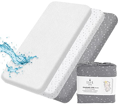 Spannbettlaken 70x140 - Pack mit 3 Bio-GOTS-Zertifiziert 2 Bettlaken für Kinderbetten Ausgestattet + 1 Wasserdichter Matratzenschoner, 100% Bio-Baumwoll-Jersey-Bettwäsche für Kleinkinder und Baby