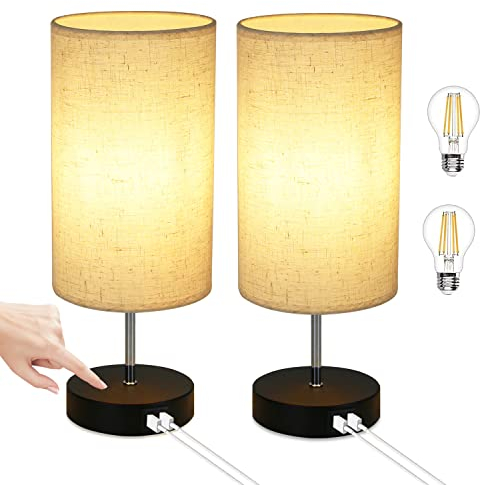 GBLY Nachttischlampe 2er set Dimmbar: Tischlampe Touch Modern Nachtlicht mit Ladefunktion Nachttisch Lampe mit USB-Anschlüsse E27 Stoffschirm Tischleuchte für Schlafzimmer Wohnzimmer