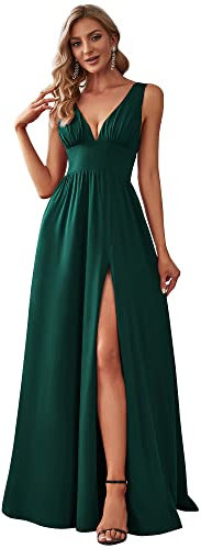 Ever-Pretty Robe de Soiree Femme Longue Fendue Col V Mousseline de Soie sans Manche A Line Chic Vert Foncé 48