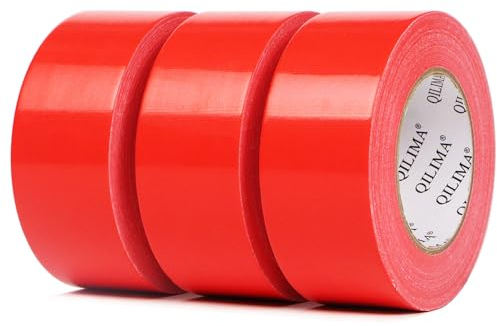QILIMA Ruban Adhésif Toilé Rouge, Heavy Duty Duct Tape 3 rouleaux 48 mm x 45 m pour les travaux de réparation, fixation, de scellage, d'étiquetage et de rénovation