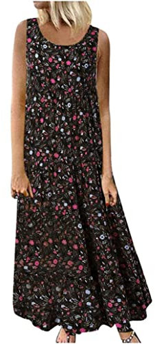 AMhomely Summer Dresses Plus Size Casual Loose Sleeveless Floral Daily Linen Print Long Maxi Dress Beach T Shirt Vacation Boho Flowy Sundress, 06 Black, XL