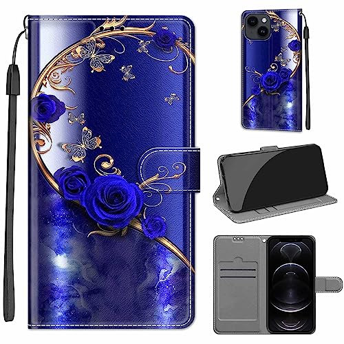 TOMYOU PU Leather Wallet Case for iPhone 14/13, Blue Flower | Pouch Design, Book Flip Folio, Magnet Closure, Kickstand, Card Slots, Wrist Strap Lanyard, Pattern Style